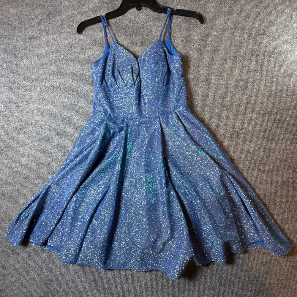 B. Darlin Womens Blue Glitter Iridescent Fit Flare Cocktail Dress Size 1/2